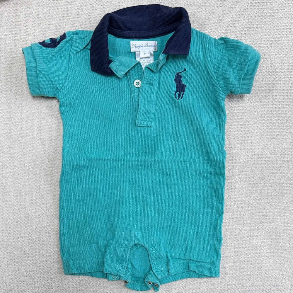 Ralph Lauren Teal Baby Polo Romper with Navy Collar